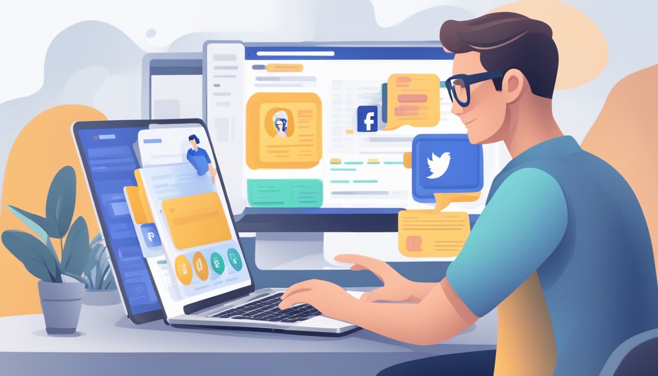 A person using a laptop to create and manage Facebook ads through the Messenger feature in the Ads Manager platform