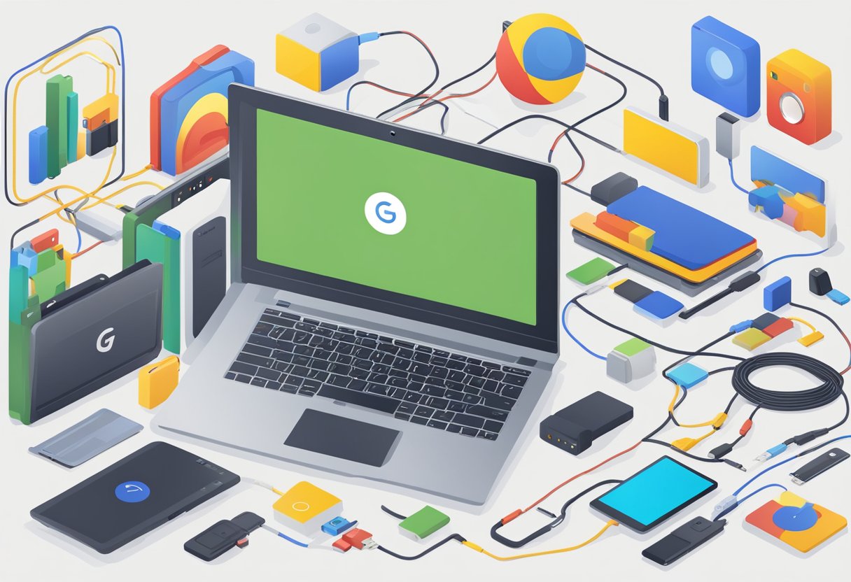 A laptop displaying the Google logo, surrounded by various electronic devices and cables