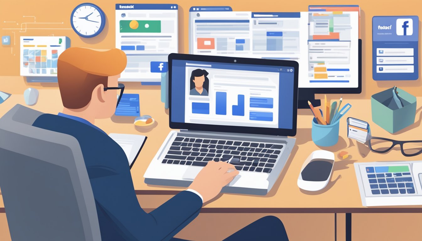 A person typing on a keyboard with a Facebook business manager interface on the computer screen, surrounded by advertising and account management materials