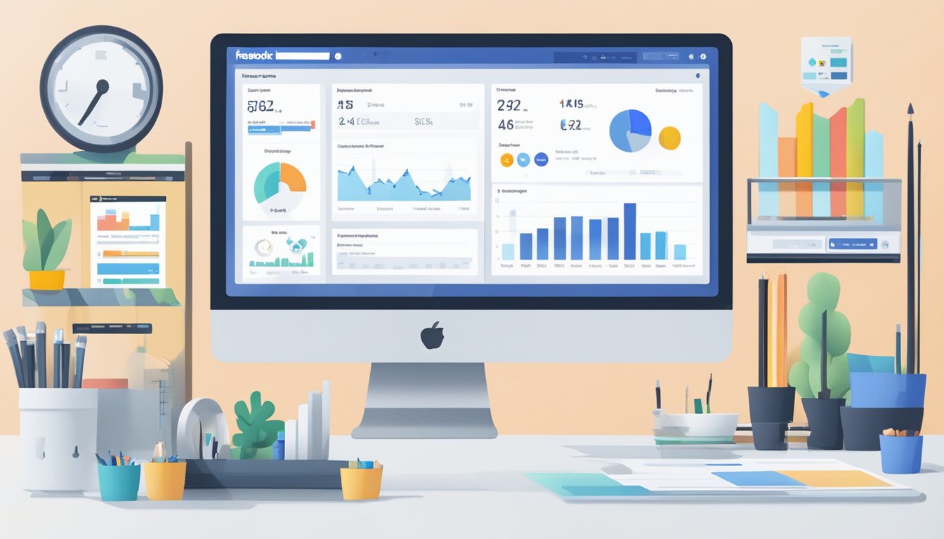 A computer screen displaying the Facebook Business Manager dashboard with various business tools and analytics charts