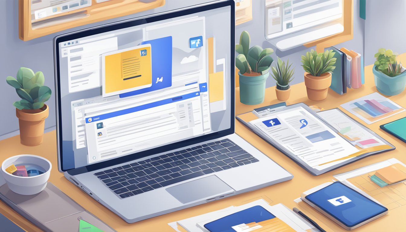 A laptop with a Facebook Ads Manager interface open, surrounded by frequently asked questions and a customer support chat window