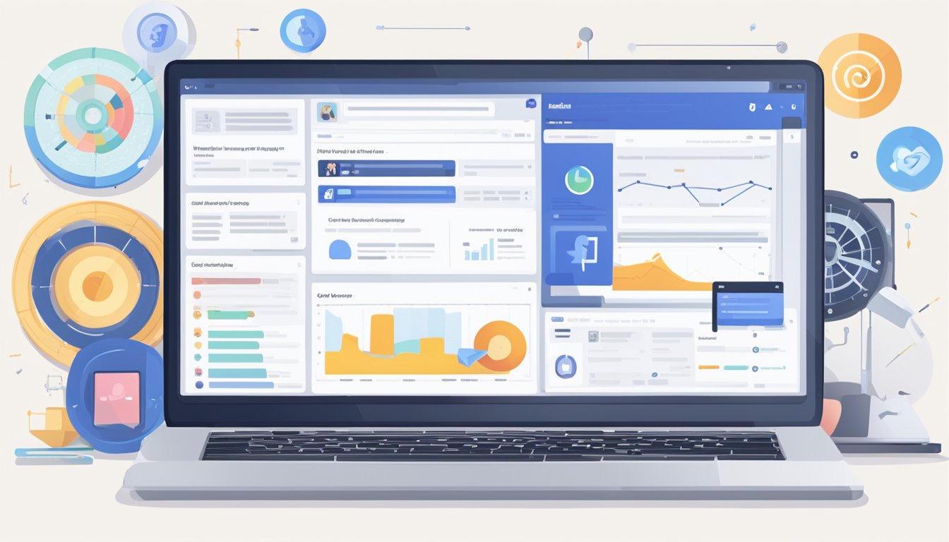 En bærbar datamaskin med et Facebook annonseadministratorgrensesnitt åpent, som viser ulike målrettings- og budsjettalternativer