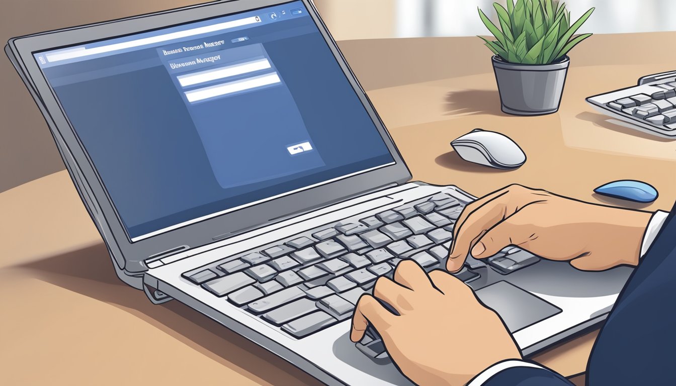 A hand holding a computer mouse, clicking on the "Business Manager" option on the Facebook platform to administer access