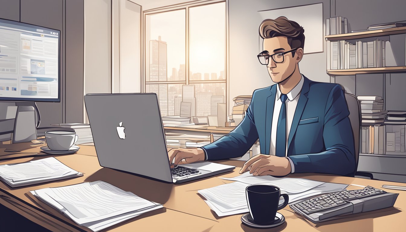 A business manager sits at a desk, typing on a computer while looking at the Facebook website on the screen. A cup of coffee and some papers are scattered on the desk