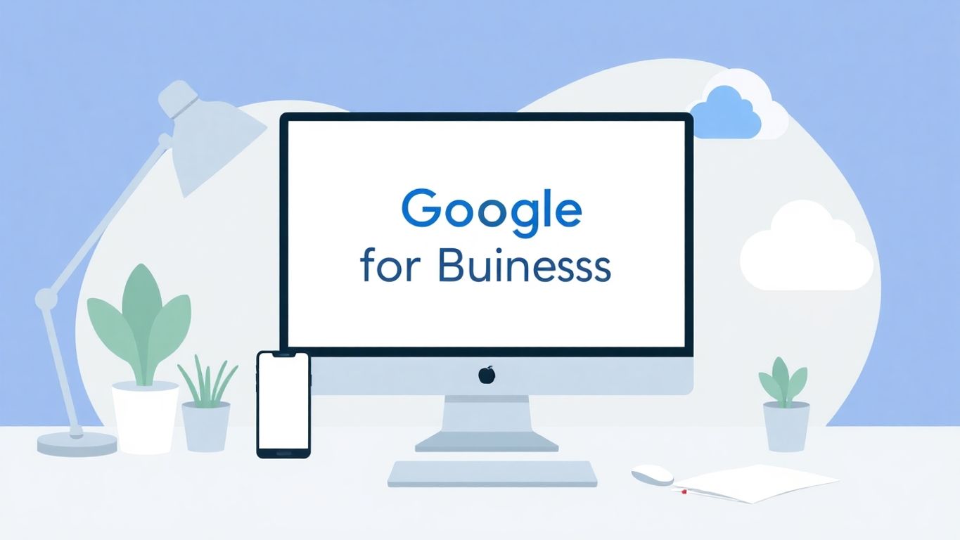 Illustrasjon av kontor med Google for Business verktøy.