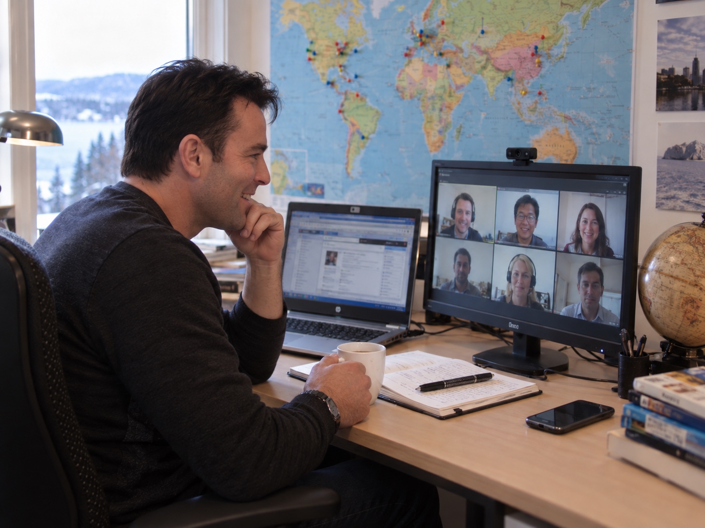 Raymond ved arbeidsbordet med et internasjonalt videomøte på skjermen