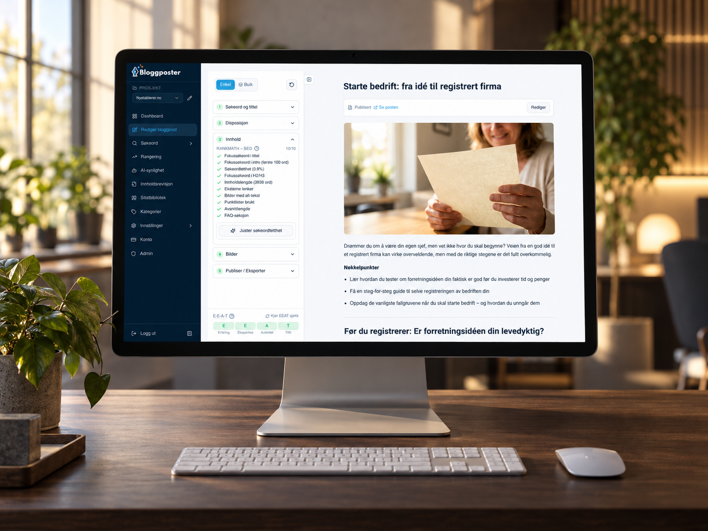 Desktop monitor showing a Norwegian Bloggposter article editor for starting a business.