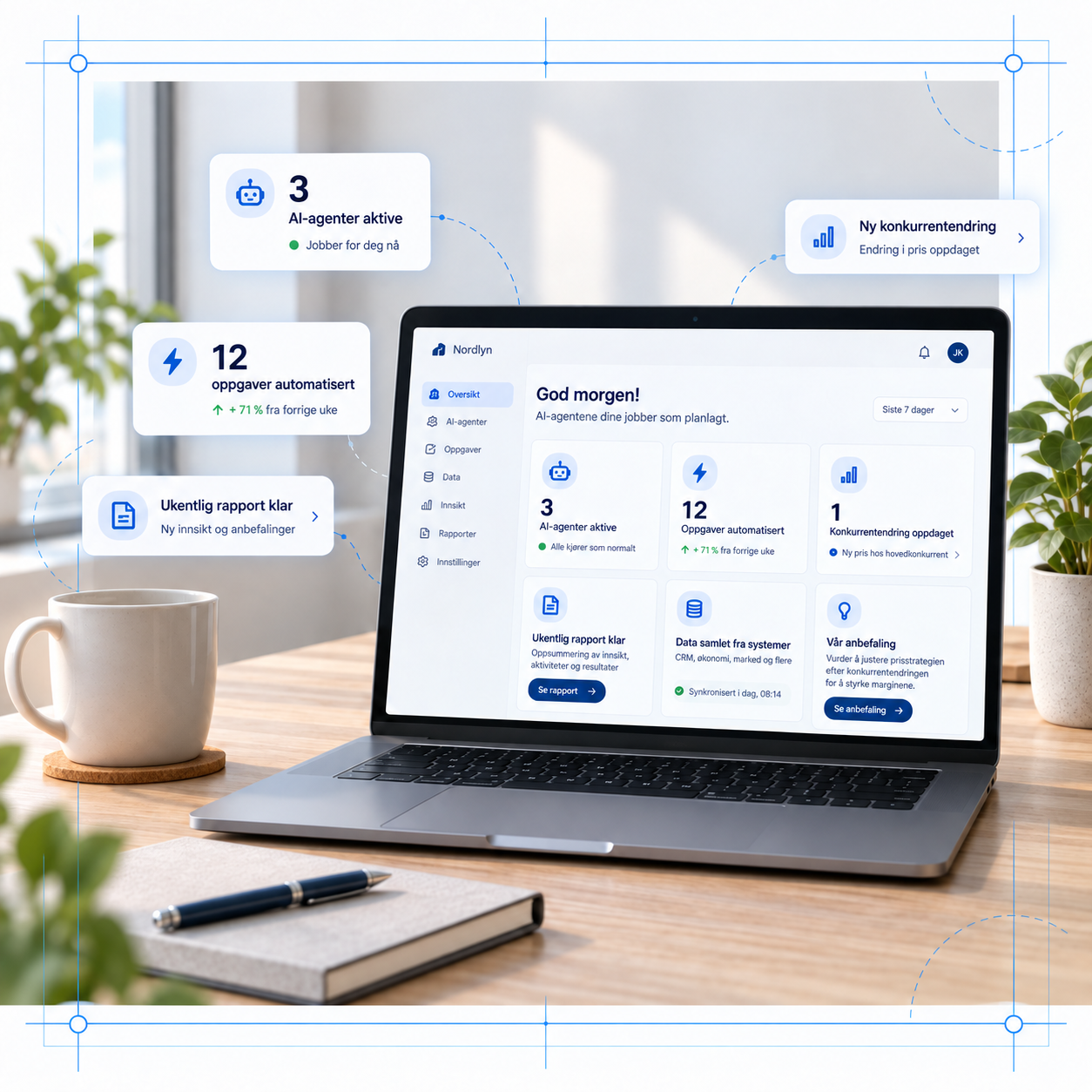 Laptop displaying a Norwegian AI-agent business dashboard on a desk with coffee, notebook, plants, and blue layout guides.