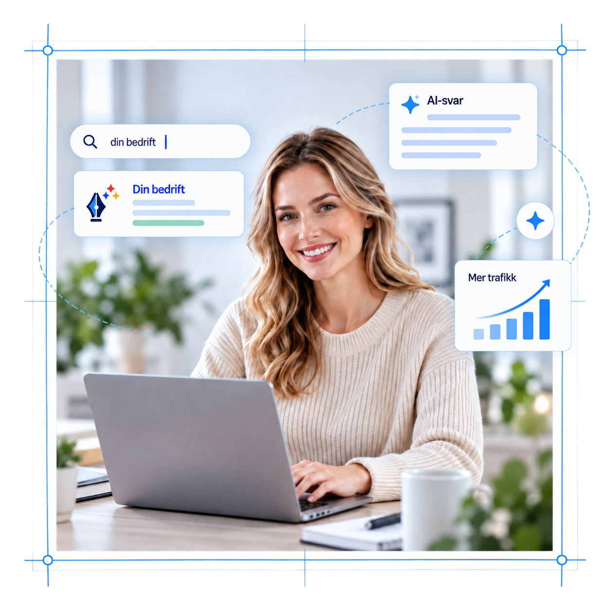 Smiling woman types on a laptop beneath Norwegian business, AI, and traffic analytics interface overlays.