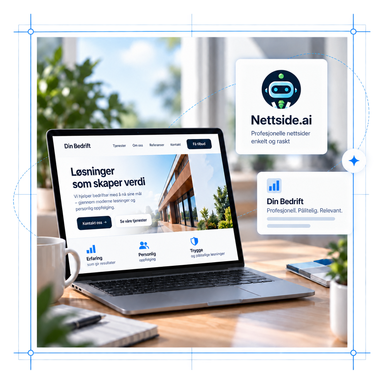 Laptop displaying a Norwegian business website mockup with floating Nettside.ai and Din Bedrift cards.