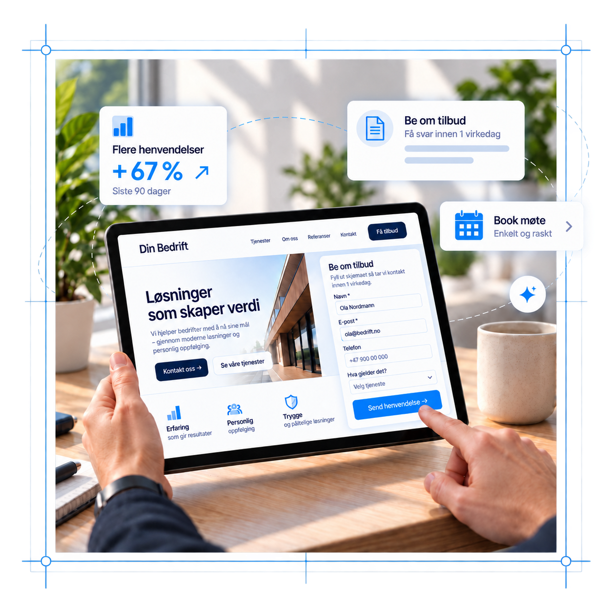 Tablet showing a Norwegian business website with contact form and surrounding marketing callout cards.