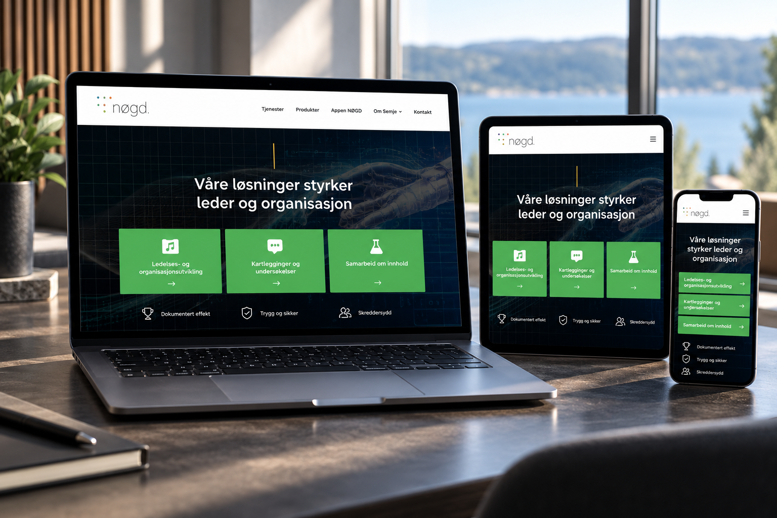 Responsive “nøgd.” website shown on a laptop, tablet, and smartphone with green service cards.