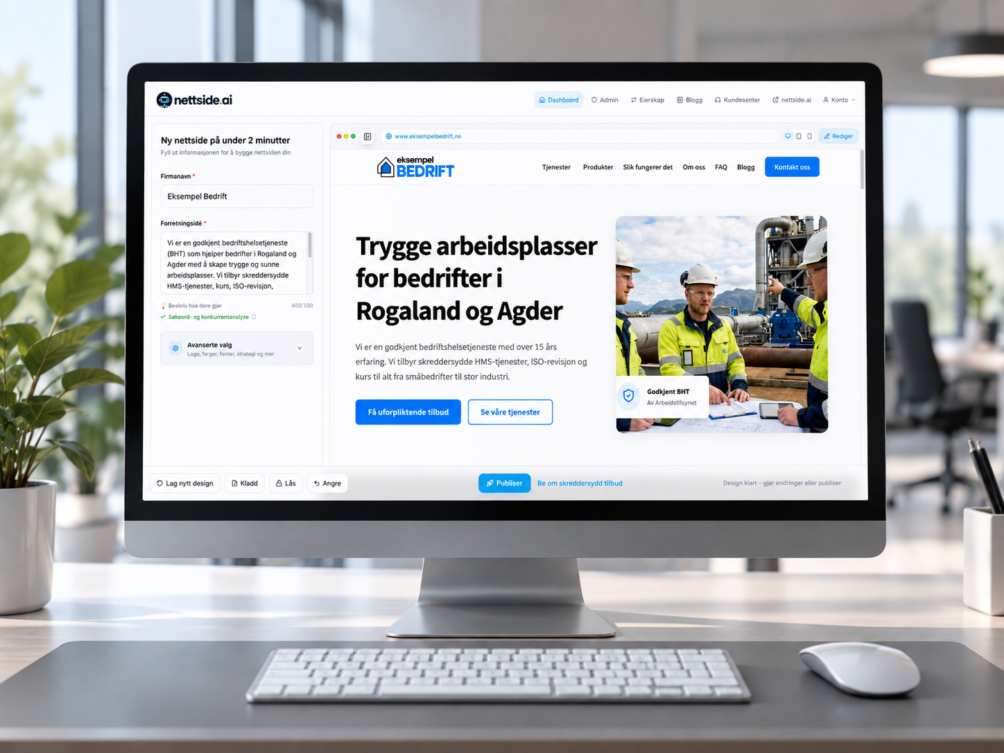 nettside.ai website builder displaying a Norwegian occupational health company homepage preview on a desktop monitor.
