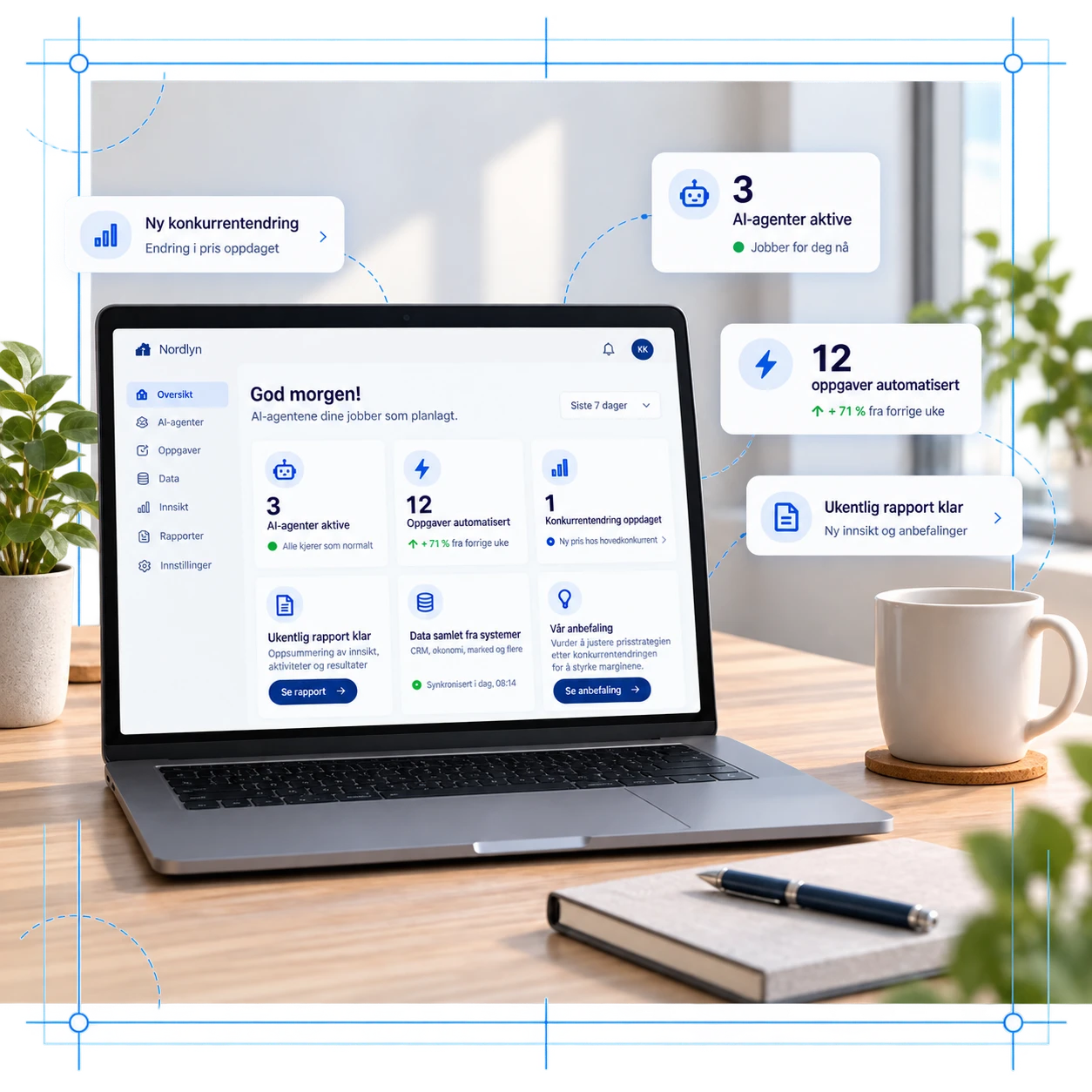 Laptop displaying a Norwegian AI-agent business dashboard on a desk with coffee, notebook, plants, and blue layout guides.