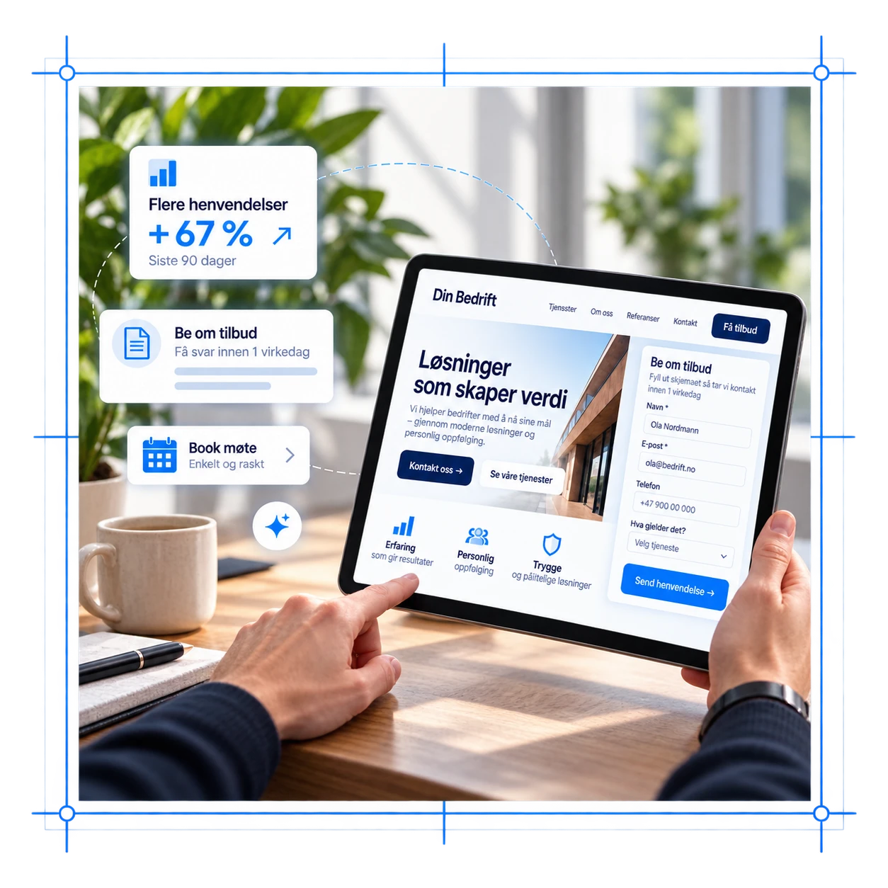 Tablet showing a Norwegian business website with contact form and surrounding marketing callout cards.