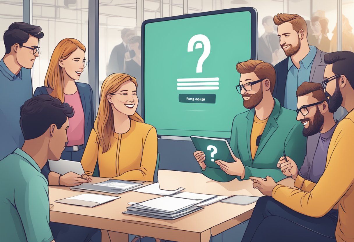 A group of people interacting with a display of frequently asked questions in a Norwegian advertisement