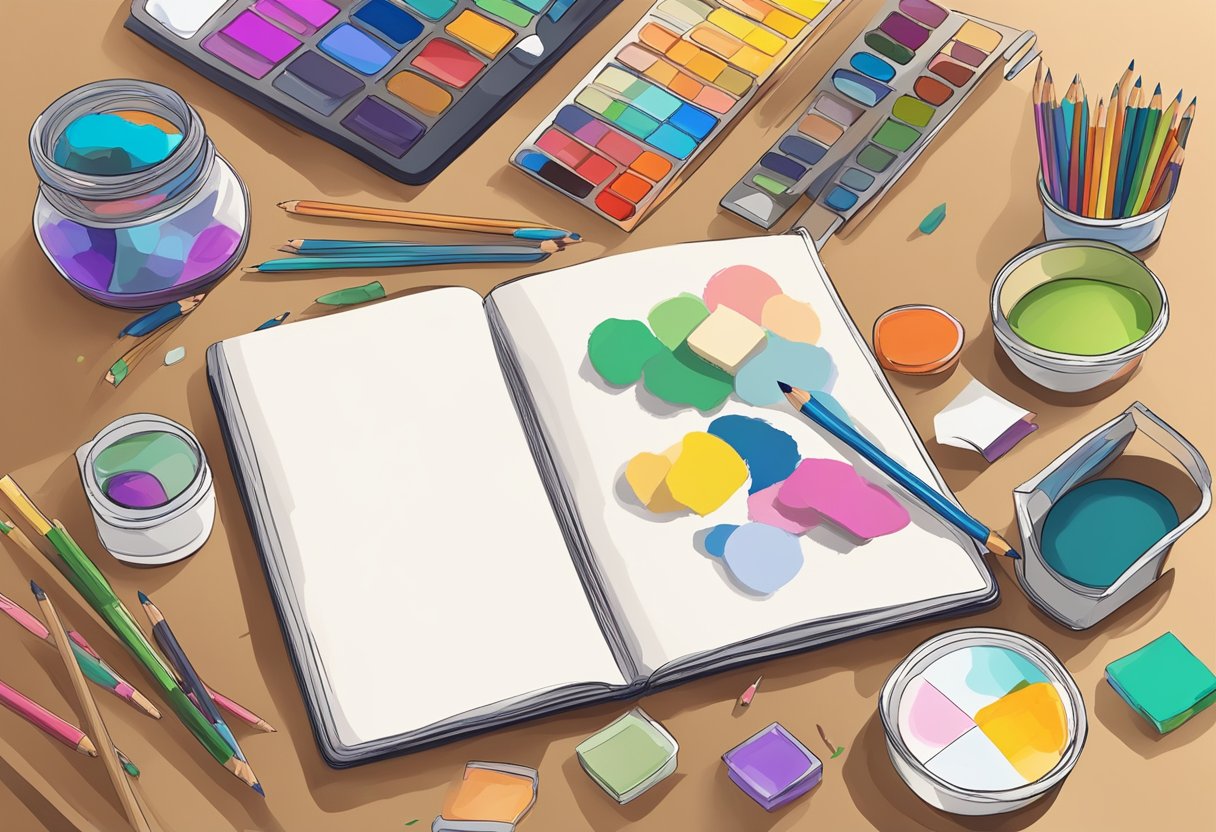 A colorful palette of art supplies scattered on a desk, with a sketchbook open to a blank page and a pencil ready to create