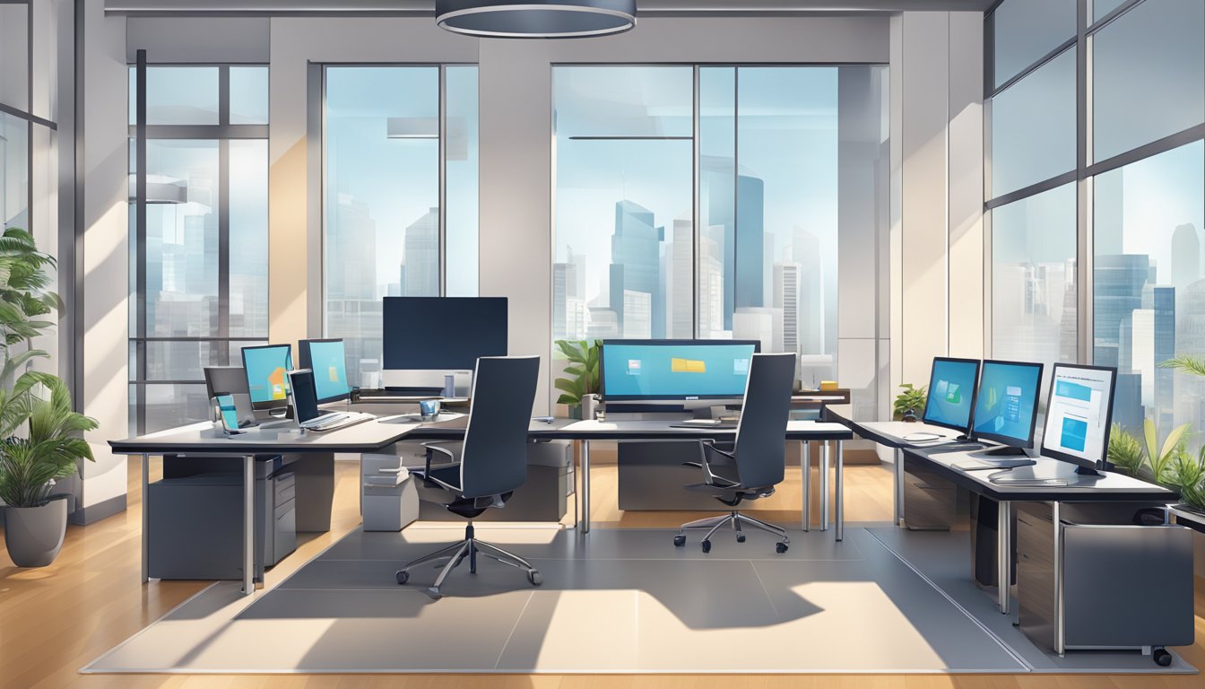 A modern office with sleek furniture and technology, showcasing the integration of Business Suite meta businesssuite