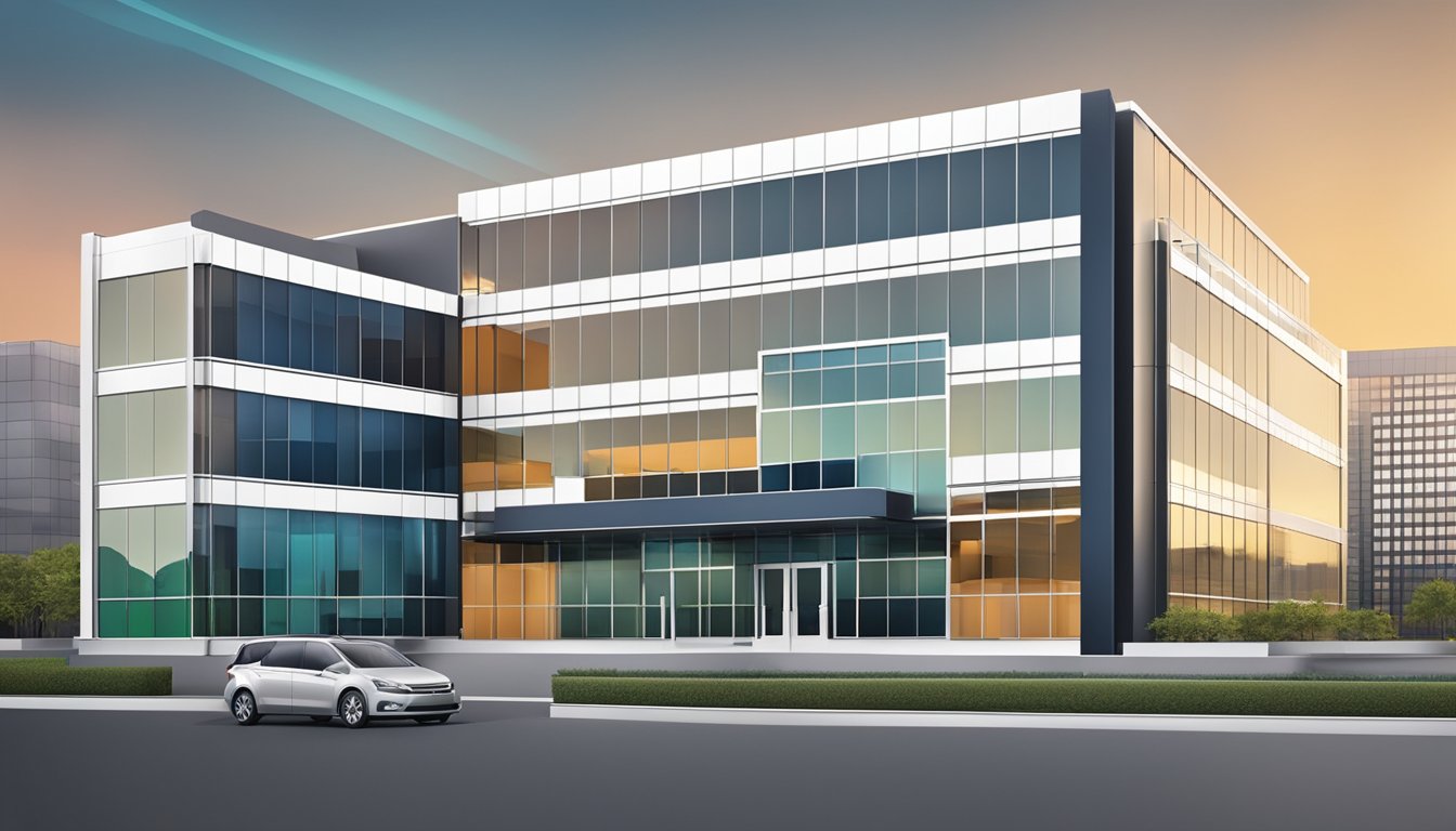 A modern office building with a prominent company logo displayed on the exterior. A sleek and professional design aesthetic with clean lines and bold colors