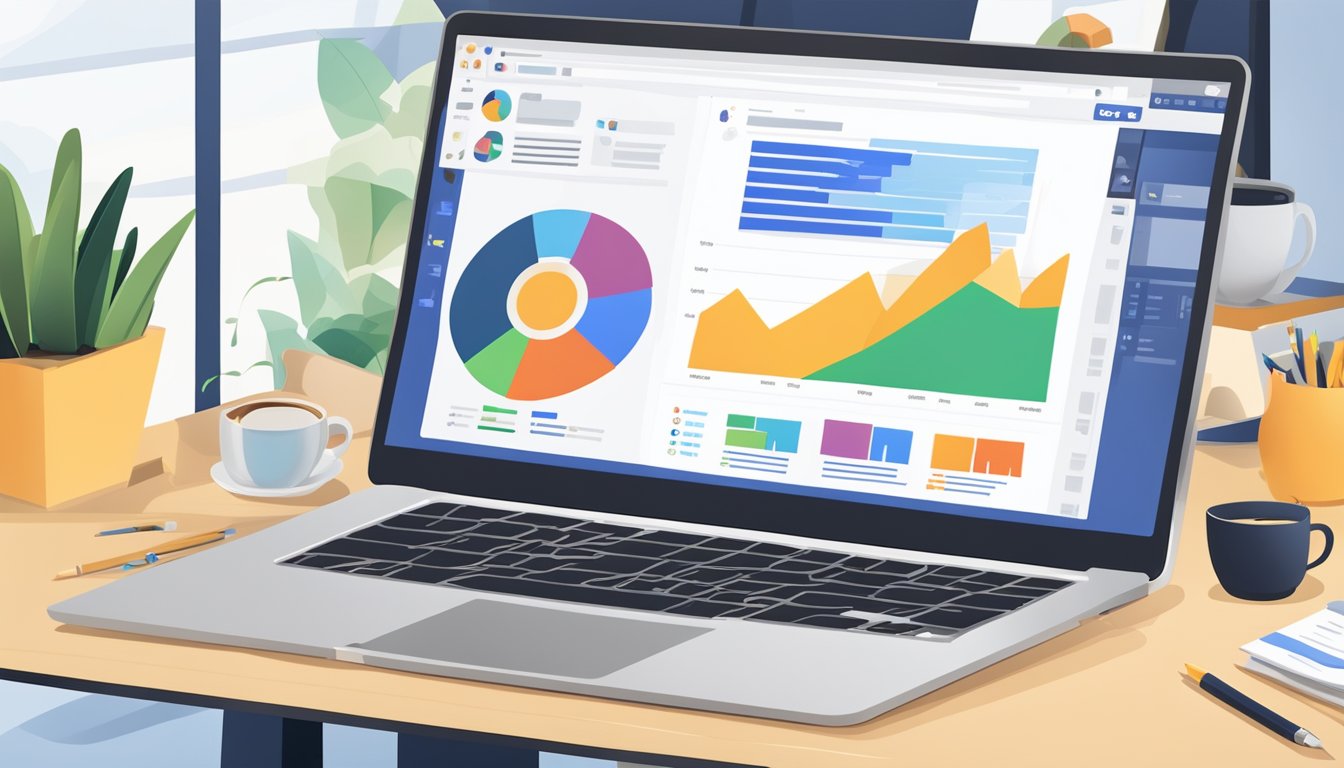 A laptop displaying a Facebook business page with charts and graphs, surrounded by a desk cluttered with papers and a coffee mug