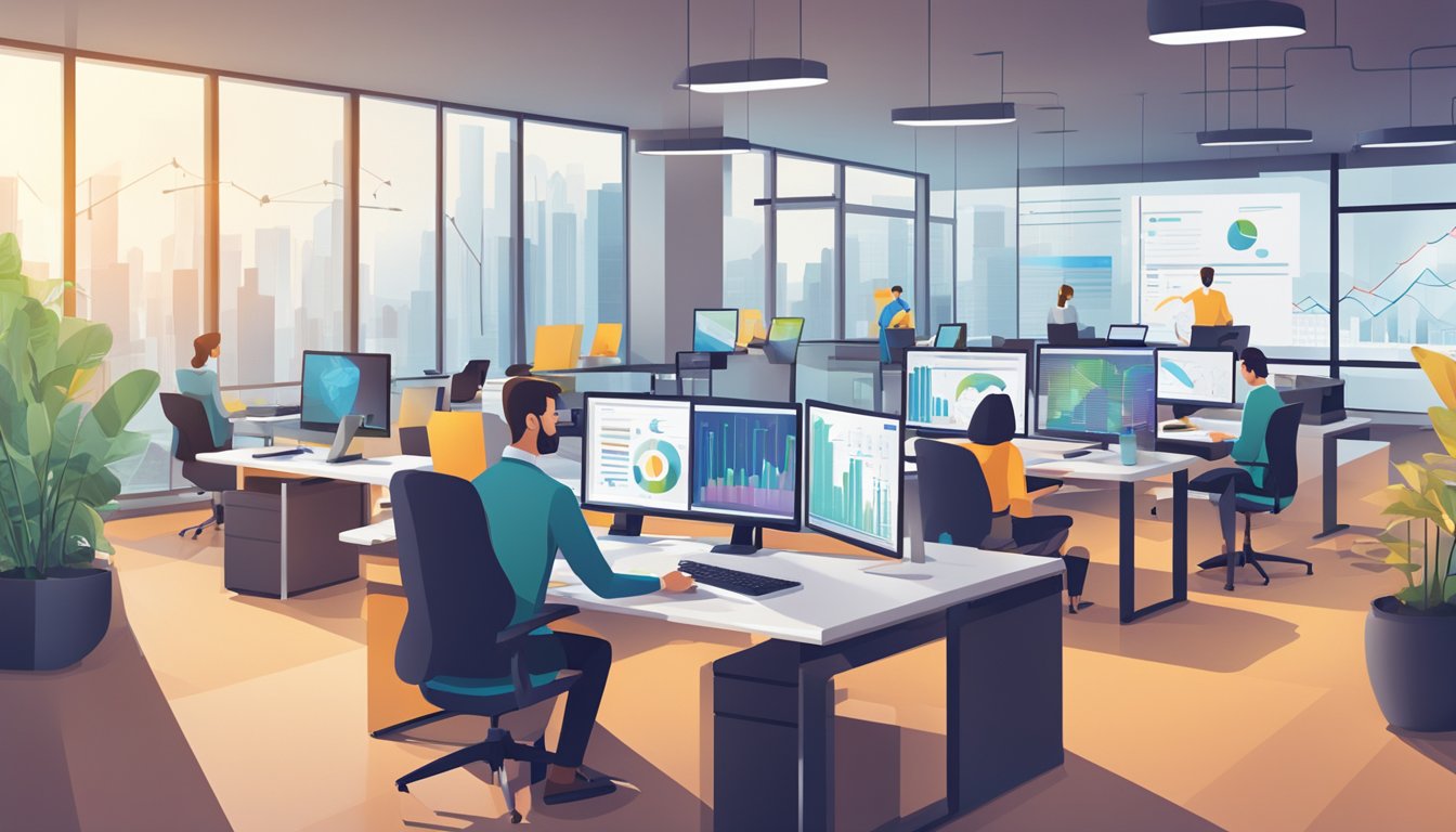 A modern office with computer screens displaying business analytics and charts, while employees work at their desks in the background
