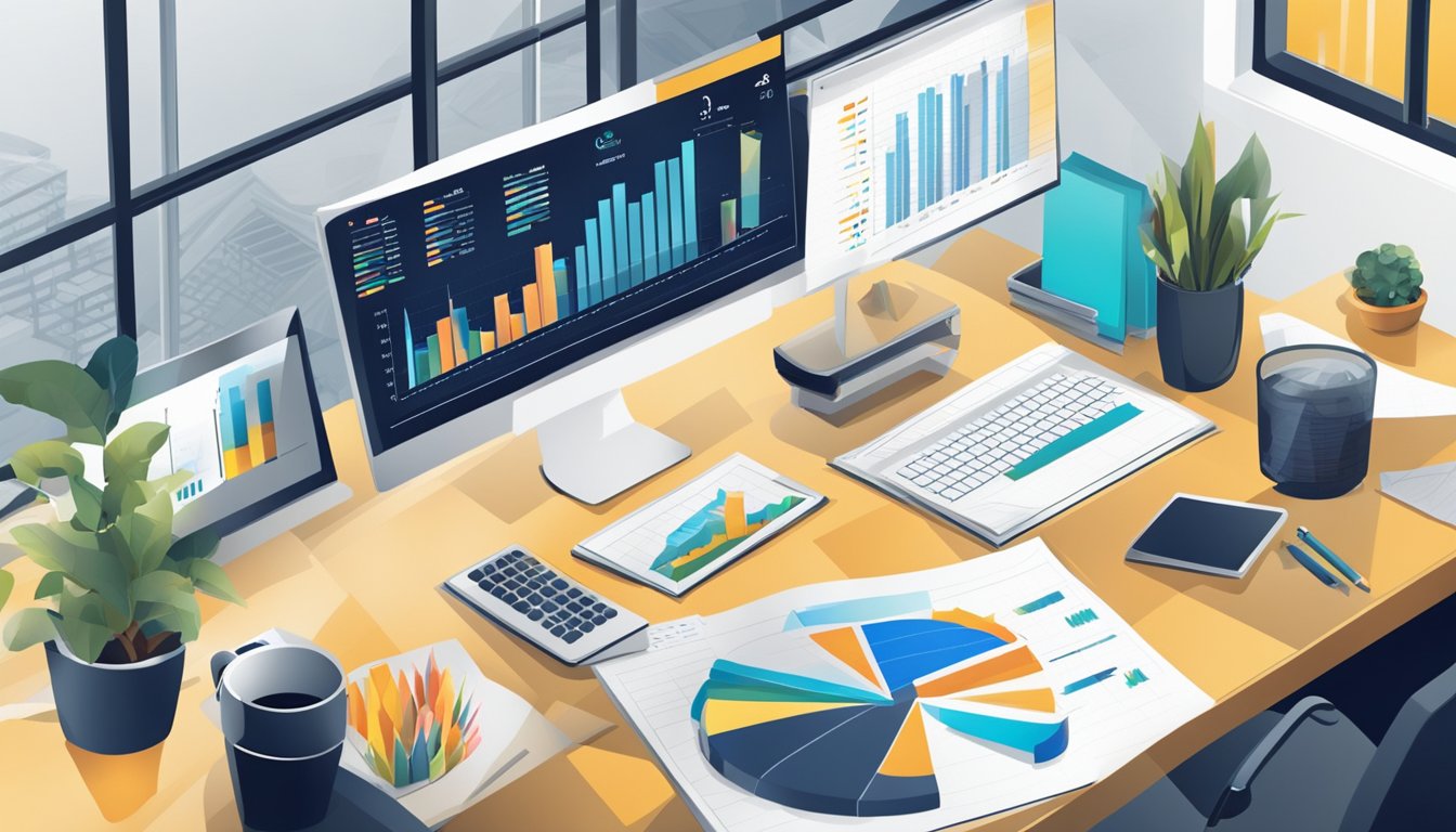 A modern office with charts, graphs, and a computer screen displaying business metrics. A person is analyzing data and making notes