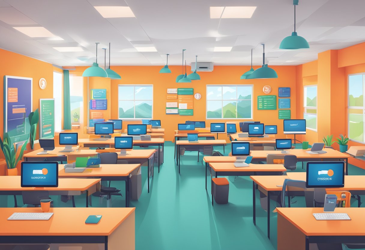 A colorful classroom with HubSpot branding, desks, and computer screens displaying certification logos