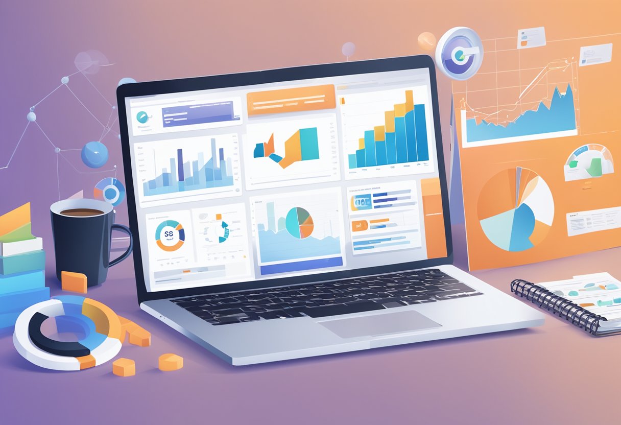 A laptop with the HubSpot logo displayed on the screen, surrounded by marketing materials and analytics charts