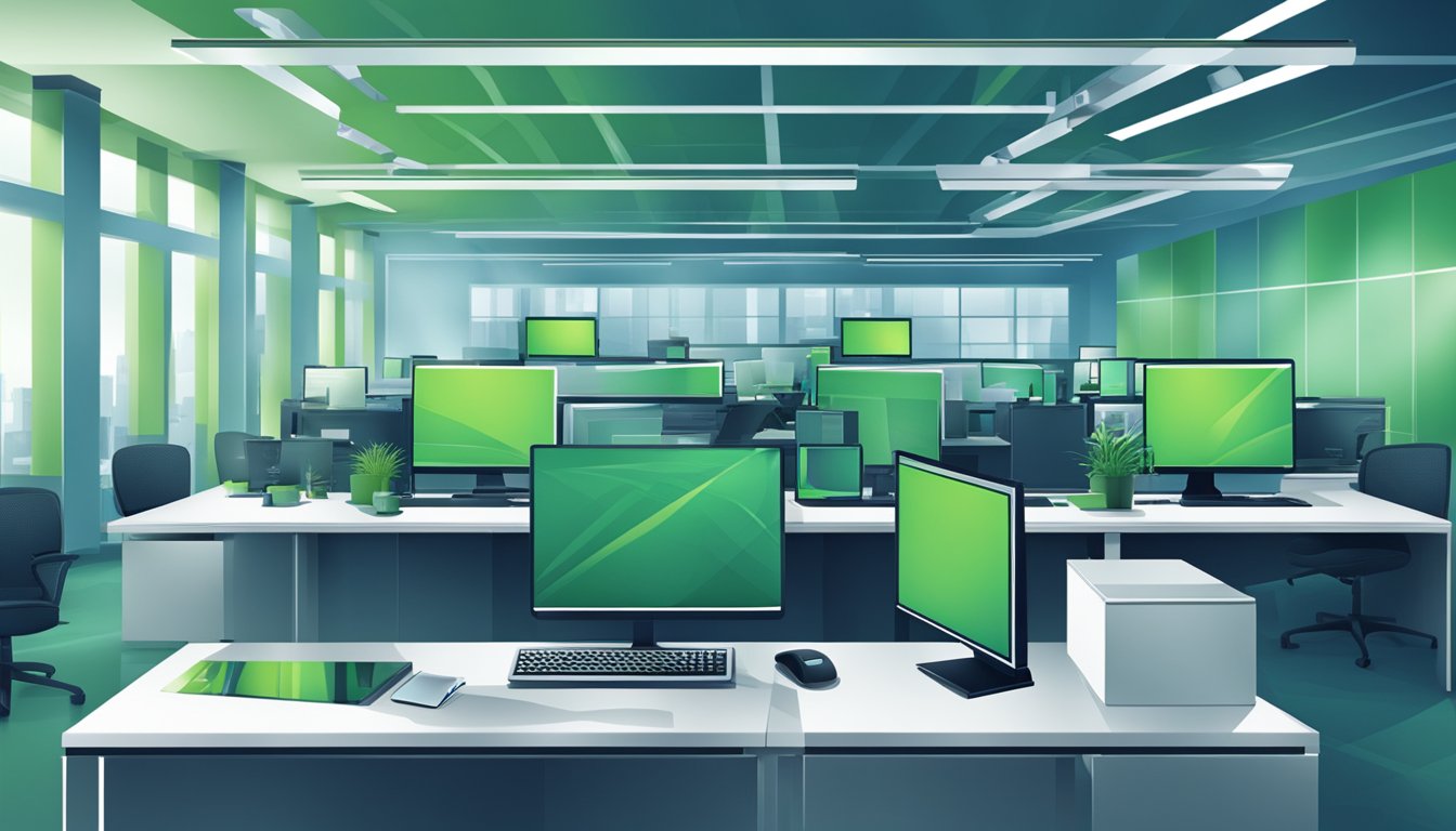 A modern office setting with computers, servers, and security equipment. Blue and green color scheme with a professional, organized atmosphere