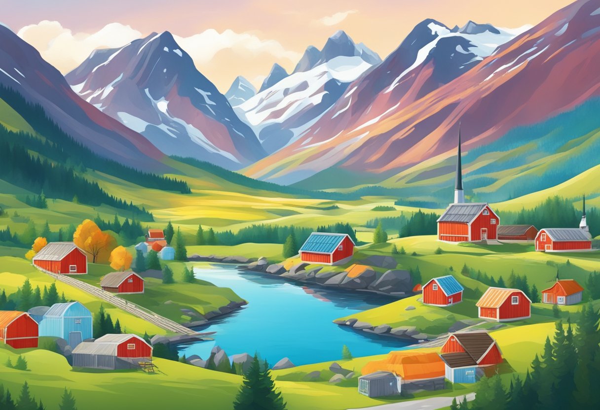 A vibrant Norwegian landscape with global symbols and products in a commercial setting