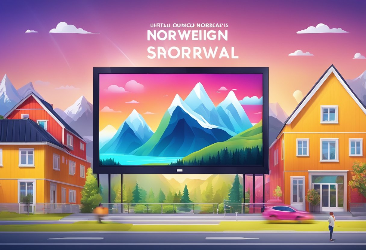 A colorful Norwegian advertisement with a bold headline and vibrant imagery. The ad is displayed on a digital screen with a clean and modern background