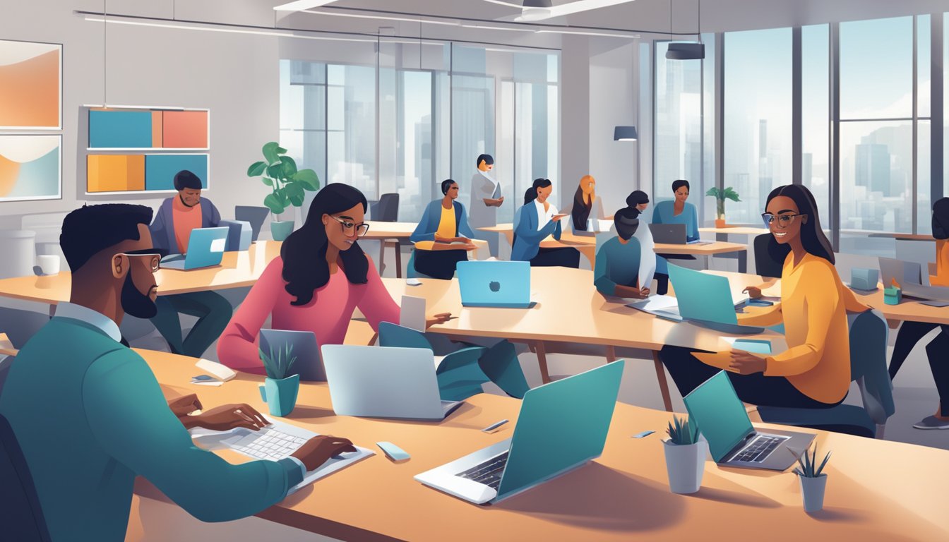 A group of professionals collaborating in a modern office space with sleek furniture and technology. Multiple individuals engaged in discussions and working on laptops