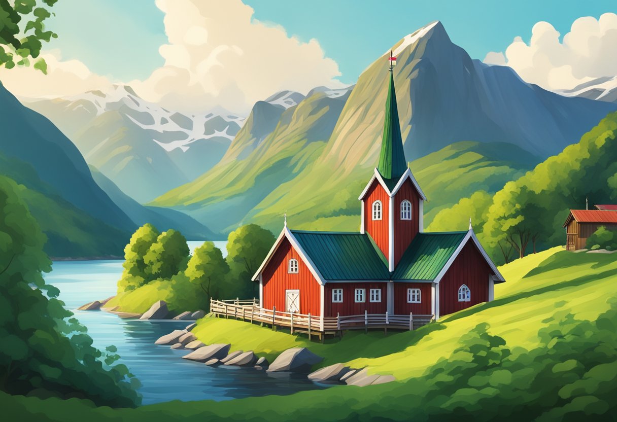 A Norwegian flag waving in the wind with a traditional Norwegian stave church in the background, surrounded by lush green mountains and a serene fjord