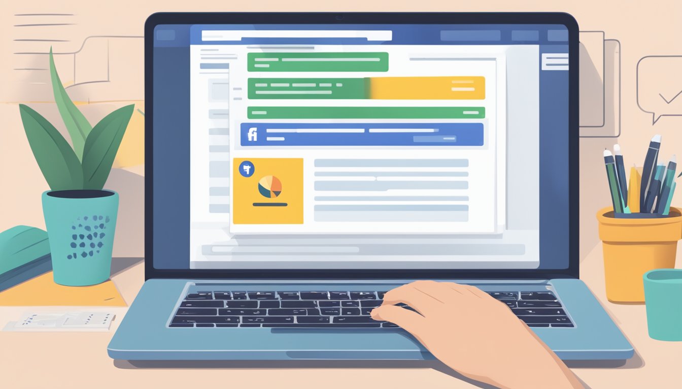 En bærbar datamaskin som viser en Facebook annonseadministrator-side med en liste over ofte stilte spørsmål og en hånd som svever over tastaturet, klar til å skrive