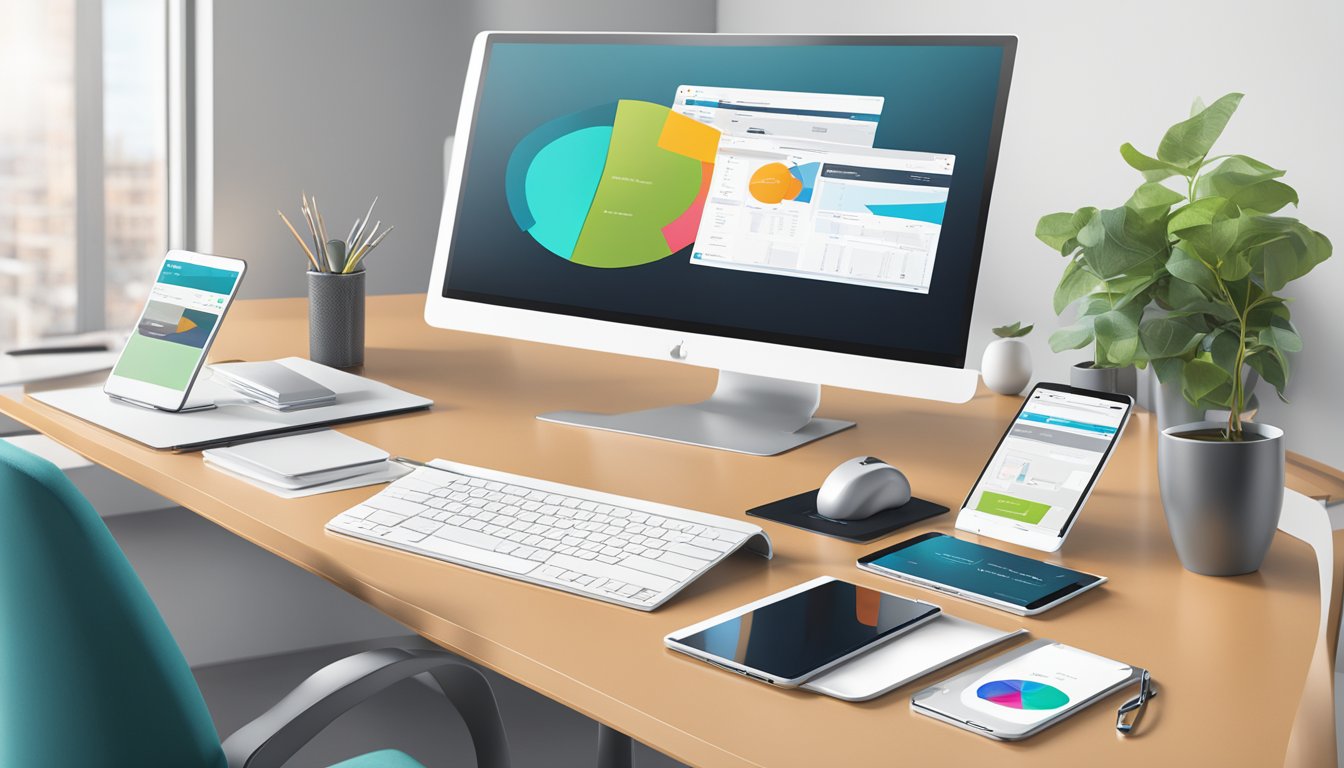 A modern office desk with a computer, smartphone, and tablet displaying the Sosiale Media Verktøy meta businesssuite platform