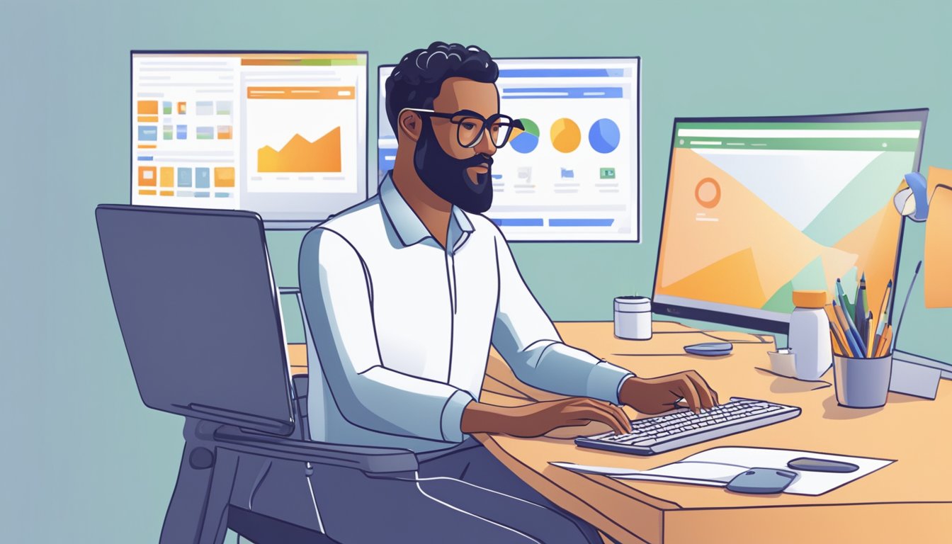 En person som sitter ved et skrivebord med en datamaskin, skriver og setter opp en Google Ads-konto