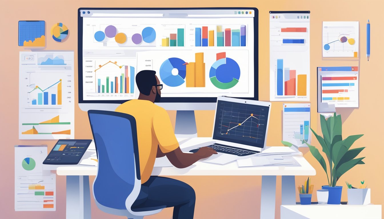 En person ved et skrivebord med en datamaskin, omgitt av diagrammer og grafer, planlegger en Google annonseringskampanje