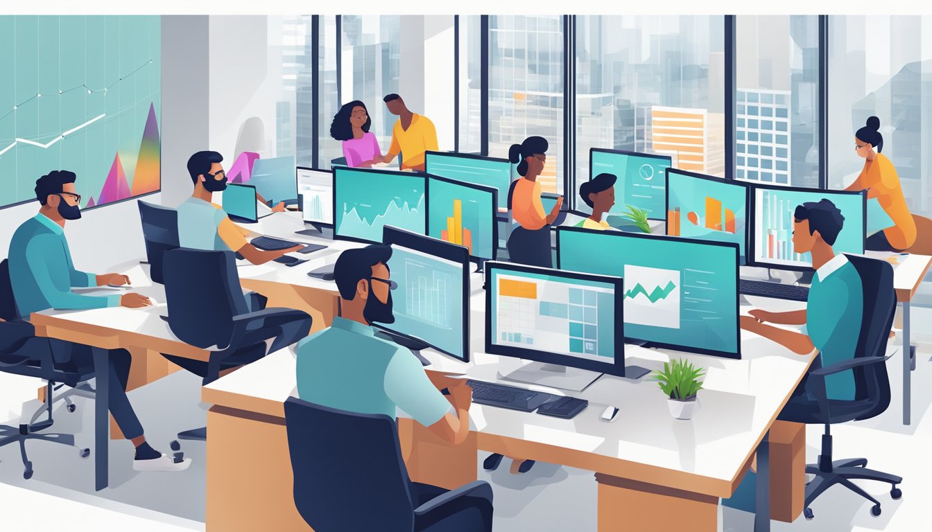 A modern office setting with computers, charts, and a team collaborating on business growth strategies