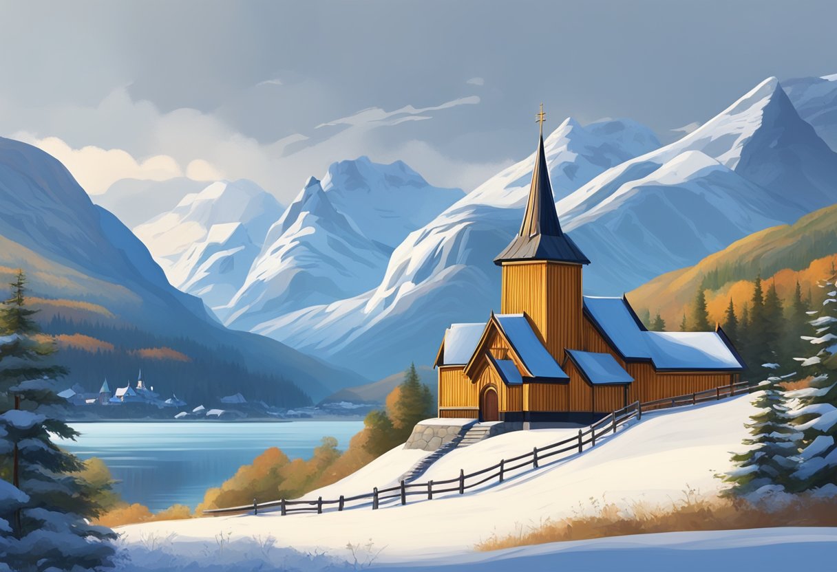 A picturesque Norwegian landscape with a traditional wooden stave church nestled among snow-capped mountains and a serene fjord