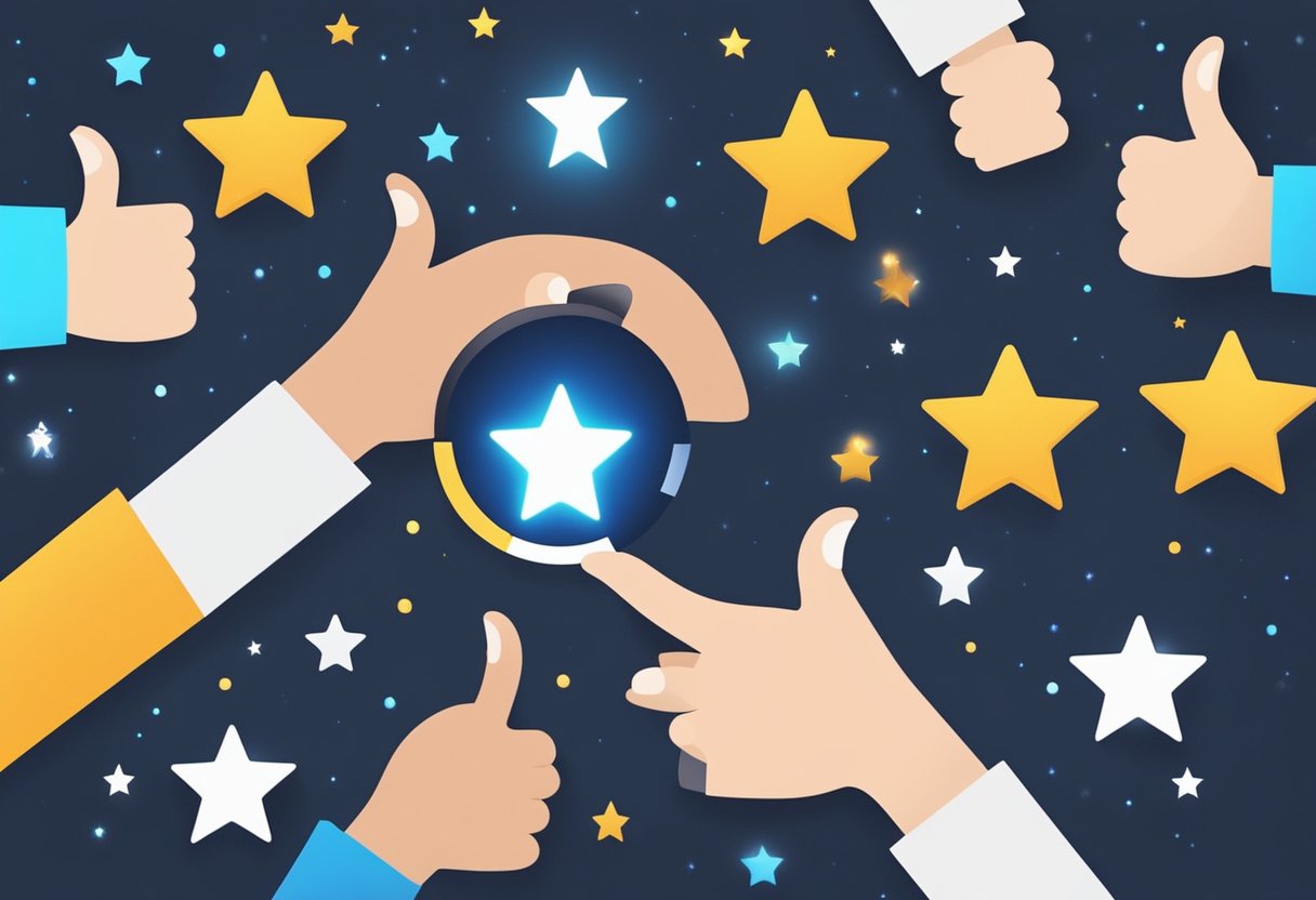 A group of diverse people leaving positive reviews online, surrounded by glowing stars and thumbs-up symbols
