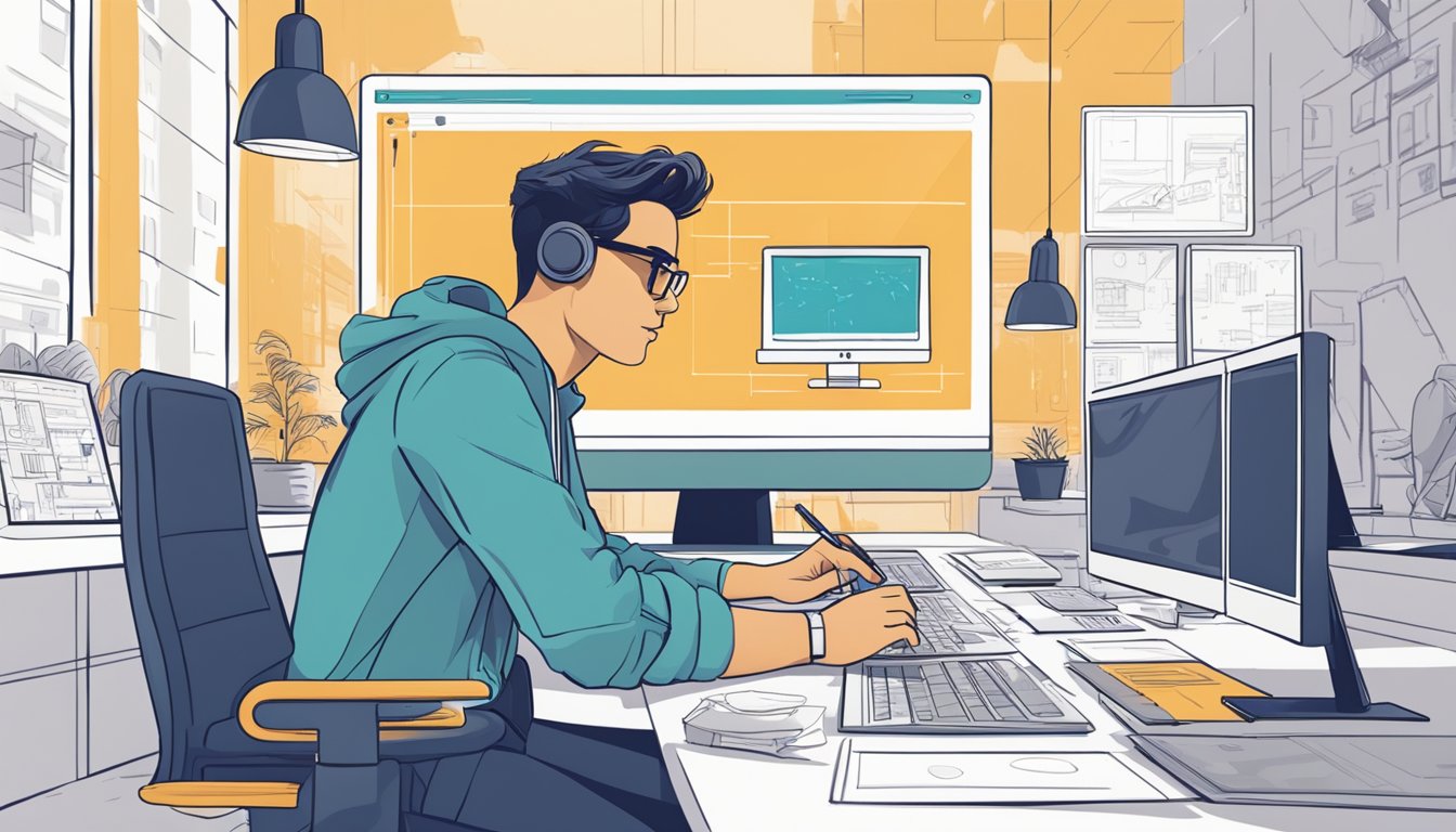 A digital designer creating a user interface persona, surrounded by computer screens and sketching tools