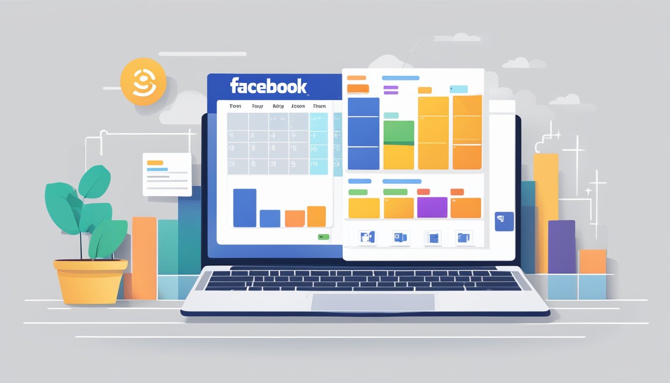 A laptop displaying a Facebook business page with a graph showing increasing engagement and a calendar with scheduled content