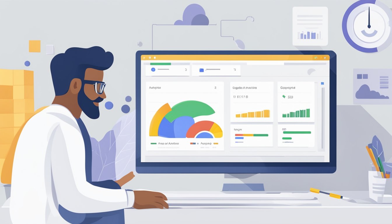 En datamaskin som viser Google AdWords-data med en person som analyserer og måler resultatene