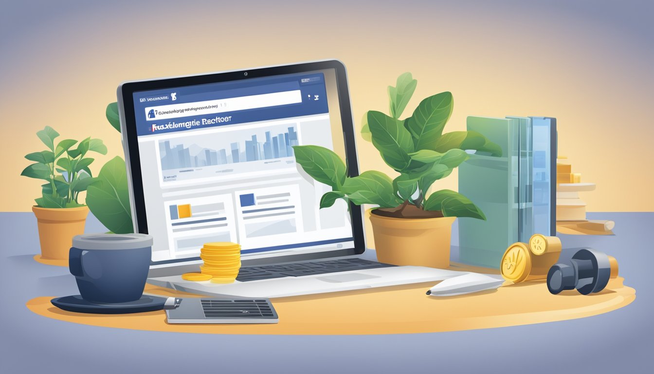 A business Facebook page with "Reklameregler og Rettigheter" text, logo, and promotional content