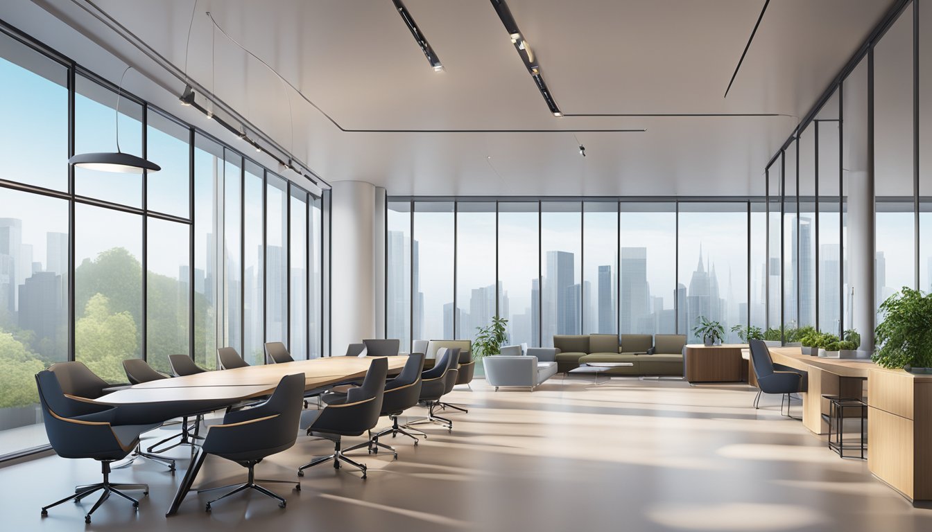 A sleek, modern business suite with floor-to-ceiling windows, a large conference table, and minimalist decor