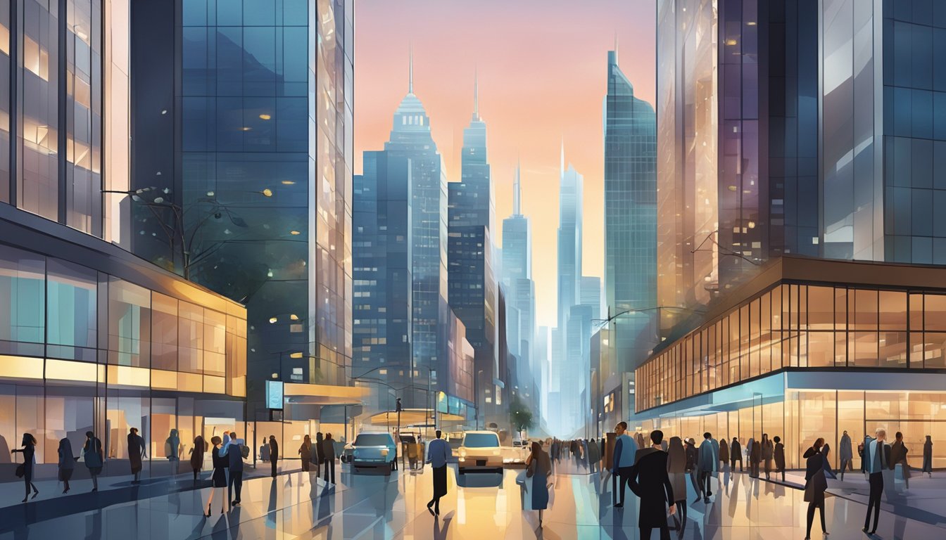 A bustling city street with modern skyscrapers and busy professionals walking to and from work. Bright lights and sleek, contemporary architecture define the scene