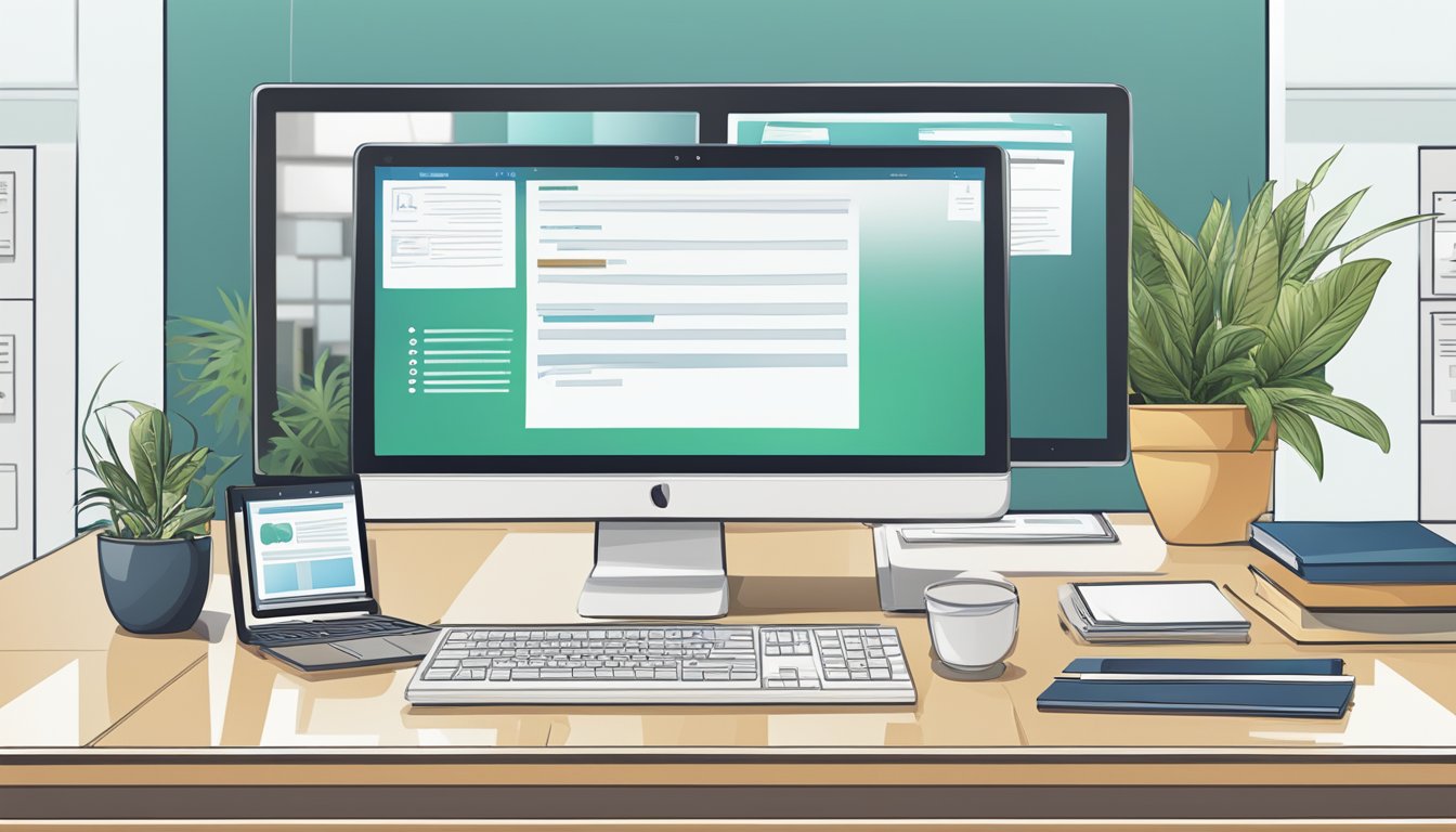 A modern office setting with a computer screen displaying "Frequently Asked Questions" on a business suite website
