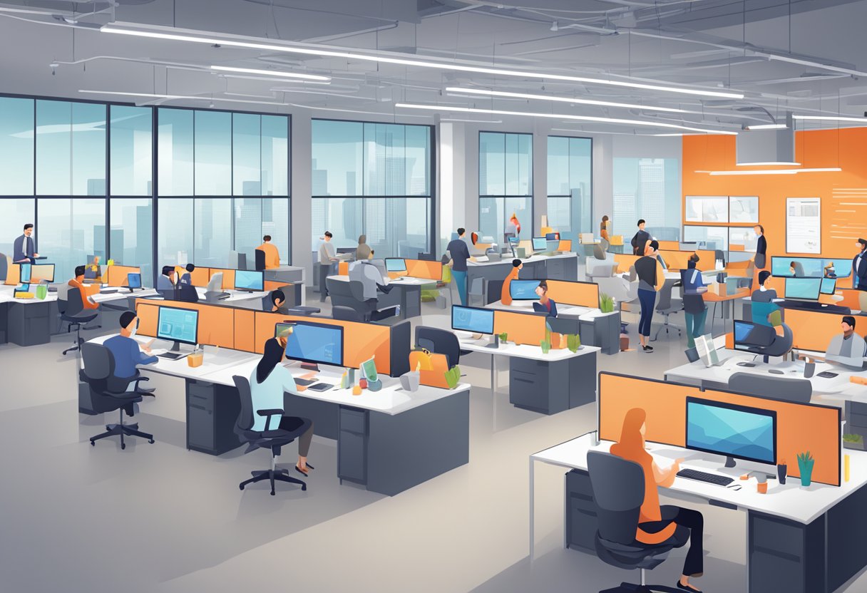 A bustling office with people collaborating around a central hubspot, filled with digital screens and technology