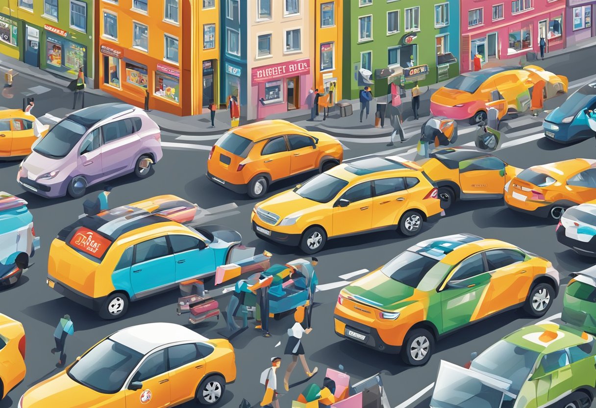 A colorful array of Norwegian advertisements fill a bustling city street, featuring bold typography and eye-catching graphics