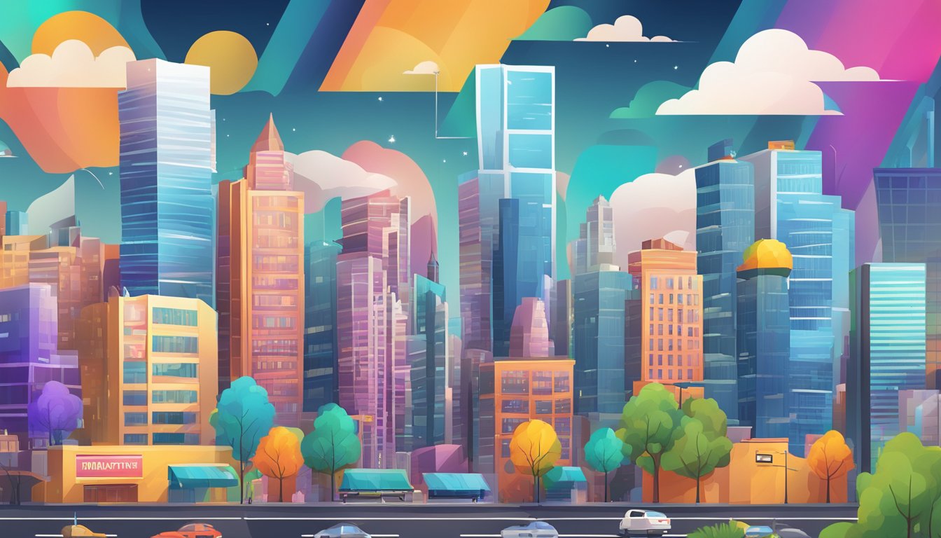 A vibrant cityscape with digital marketing tools and strategies displayed on billboards and screens. The skyline is filled with modern buildings and the atmosphere is bustling with energy